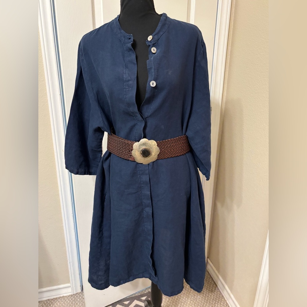 Bryn Walker Dress Linen Large Blue Long Shirt Tunic Pockets Made in USA Lagen - Picture 1 of 16
